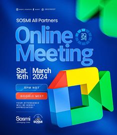 a poster for the online meeting with an image of a colorful object in the background