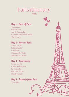 the paris itinerary poster is shown in pink and white with an image of the eiffel tower