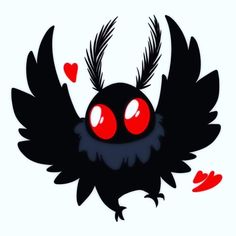 a black bird with red eyes and large wings is flying through the air, surrounded by hearts