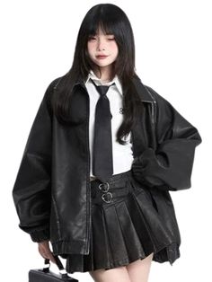 ❤︎Maylard Retro Loose Leather Jacket❤︎  ⚠Please allow 2-3 weeks for️products to be shipped Baggy Leather Jacket, Leather Jacket Outfits Women, Harajuku Fashion Male, Loose Leather Jacket, Jacket Reference, Woman Leather Jacket, Big Jacket, Long Leather Jacket, Black Leather Jacket Outfit