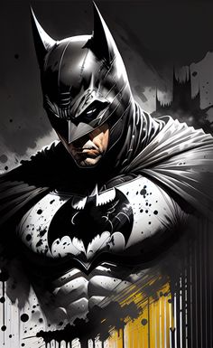 the batman in black and white with yellow paint splatters