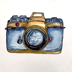 a watercolor drawing of a camera on a white paper with blue and yellow colors