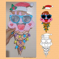 an ice cream cone with sunglasses, santa hat and candy canes on it's side