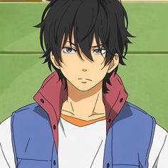 an anime character with black hair and blue eyes wearing a red hoodie looking at the camera