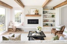 a living room filled with furniture and a fire place in the middle of a room