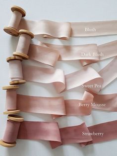 several different types of satin ribbons on a white surface with text describing the names of each ribbon