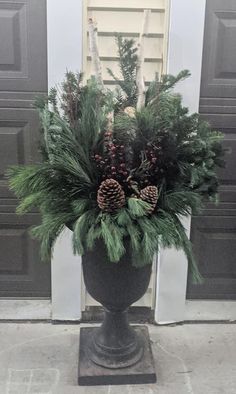 a large potted plant with pine cones and greenery in front of a door