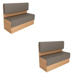 two gray and wood benches sitting next to each other