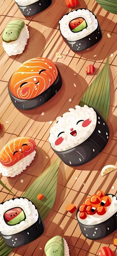 sushi rolls on a wooden table with chopsticks