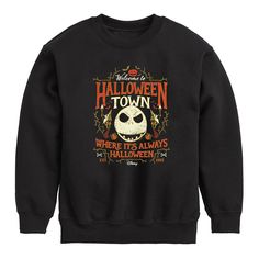 Add a spooky addition to their outfit with this Disney's The Nightmare Before Christmas Boys Halloween Town Sign Crew Fleece. ©DisneyFABRIC & CARE Solid colors: cotton; Heather colors: cotton, polyester Machine wash ImportedFEATURES Crewneck Long sleeves Size: Large. Color: Black. Gender: male. Age Group: kids. Pattern: Graphic. Halloween Town Sign, Town Sign, Boy Halloween, Halloween Boys, Disney Sweatshirts, Christmas Present Ideas, Kids Pattern, Boys Christmas, The Nightmare Before Christmas