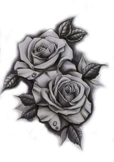 a black and white drawing of three roses