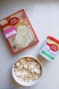 the ingredients for this cake are in bowls and on the counter next to each other