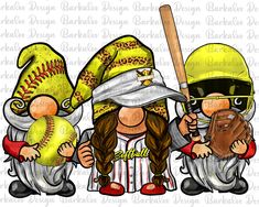 three cartoon baseball players with helmets and bats