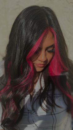 Dark Hair With A Pop Of Color, Brown Hair With Red Peekaboos, Bottom Layer Of Hair Dyed, Red Hair With Pops Of Color, Black And Pink Money Piece, Hair Color Unique Peekaboo, Black Hair With Burgundy Money Piece, Front Pieces Of Hair Dyed Red, Red Hair With Black Money Piece