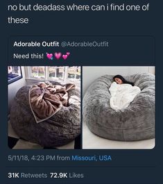 a woman laying in a bean bag chair with the caption, no but deadas where can find one of these