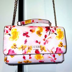 New Pink Guess Purse Bag Satchel Flower Tote Handbag Nwt Floral Fantine Fg854521 Guess Floral Handbags, Guess Handbag Pink, Cheap Pink Flower-shaped Shoulder Bag, White Floral Print Satchel Bag, Floral Print Satchel Shoulder Bag, Cognac Bag, Guess Shoulder Bag, Guess Purse, Guess Purses