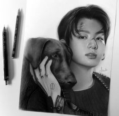 a pencil drawing of a woman holding a dog's head and looking at the camera