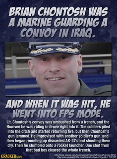 a poster with an image of a man in uniform and the caption that says, brain chottoosh was a marine guarding a convoy in iraq