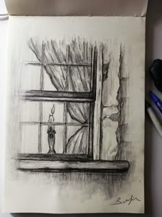 a pencil drawing of a window with curtains and a candle on the table next to it