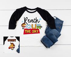 * Reach FOUR the Sky Shirt * This cowboy themed birthday party shirt is ready to get the party started! Perfect for photos, makes a great keepsake. For an extra special touch, have a name and number added to the back, jersey style (shown in the photos).   I make these shirts using a professional textile printer and commercial heat press equipment. Made to last, wear after adorable wear:) The design in dyed right into the fabric so it's very soft to the touch and extremely durable with no special Reach Four The Sky Birthday, Cowboy Themed Birthday Party, 4th Birthday Boys, Birthday Boy Shirt, Birthday Boys, Cowboy Party, Birthday Boy Shirts, Jersey Style, Birthday Party Shirt