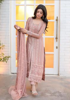 3 Piece Pakistani Indian Suit Merakish Pastel Pink  | eBay Colour Wedding Dress, Suits For Women Indian, Colour Wedding, Wedding Dress Elegant, Western Dresses For Women, Peach Colour, Churidar Designs, Anarkali Dress Pattern, Simple Kurta Designs