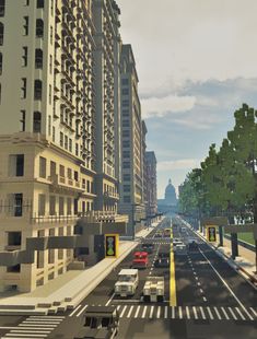 a city street with cars and buildings on both sides