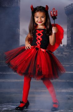 Red Frock, Girls Holiday Outfit, Classy Halloween Costumes, Trendy Girls Outfits, Red Tights, Devil Costume, Devil Horns, Girls Special Occasion Dresses