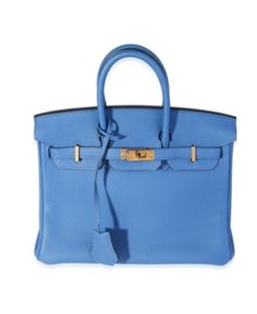 Pre-Owned Hermes Birkin 25 Leather Handbag, circa 2018. Condition: Excellent. High-end Blue Tote Satchel, High-end Blue Leather Bag, High-end Blue Office Bags, Luxury Blue Satchel With Palladium Hardware, Blue Business Bags With Gold-tone Hardware, Luxury Blue Bags With Gold-tone Hardware, Blue Business Satchel With Gold-tone Hardware, Hermes Birkin 25, Jane Birkin