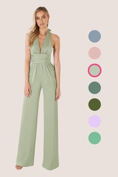 a woman in a green jumpsuit with different colors