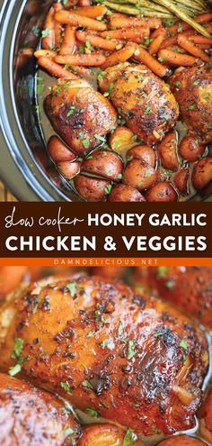 SLOW COOKER HONEY GARLIC CHICKEN AND VEGGIES, slow cooker, crockpot Honey Garlic Chicken And Veggies, Slow Cooker Honey Garlic Chicken, Resep Vegan, Veggies Recipes, Chicken And Veggies, Salad Pasta, Honey Garlic Chicken, No Cooking, Crock Pot Slow Cooker