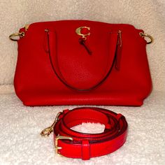 Coach Red Remi Leather Bag (Nwot) Adjustable Shoulder Strap. Magnetic Pockets On Outside Of Bag. Excellent Condition. No Wear, No Tear And No Stains. L: 12” W:8 1/2” D: 7 1/2” Bags Coach, Coach Bags, Leather Bag, Shoulder Bags, Shoulder Strap, Bag Lady, Shoulder Bag, Red, Leather