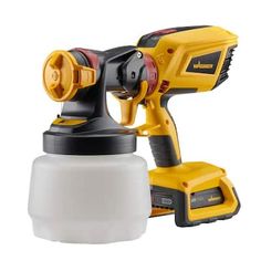 a yellow and black cordless drill is next to a white container on a white background