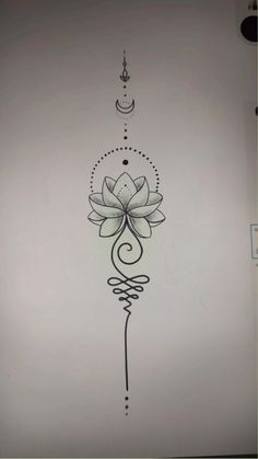 a drawing of a flower with swirls on it's side and an arrow in the middle