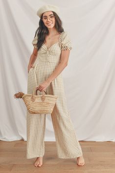 Summer Roadtrip Jumpsuit – Breath of Youth Chic Smocked Bodice Jumpsuits And Rompers For Brunch, Spring Brunch Jumpsuits And Rompers With Smocked Bodice, Spring Jumpsuits And Rompers With Smocked Bodice For Brunch, Casual Summer Jumpsuits And Rompers For Picnic, Casual Spring Jumpsuits And Rompers For Picnic, Chic Jumpsuit With Smocked Bodice For Day Out, Casual Jumpsuits And Rompers With Elastic Waistband For Brunch, Chic Summer Gingham Jumpsuit, Summer Puff Sleeve Jumpsuits And Rompers For Brunch