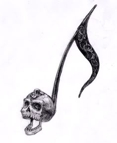 a drawing of a skull with a long tail