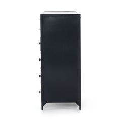 a black cabinet with three doors and two drawers on the front, against a white background