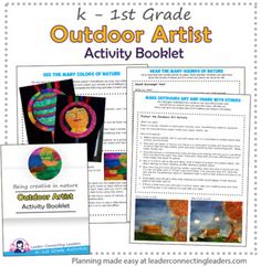 an outdoor art activity booklet for kids with pictures and text on the front, along with other