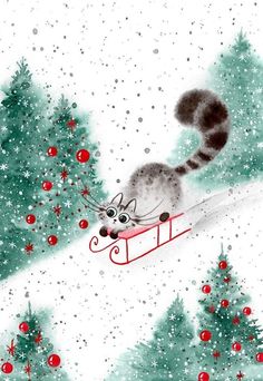 a cat riding in a sleigh with christmas trees