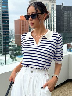 Azul Marinho Casual Collar Meia manga Tecido Listrado  Embellished Elasticidade Média Primavera / Outono V Model, Coachella Dress, Black And White Style, Contrast Collar, Collar Top, White Casual, Striped Knit, Outfits Casuales, Knitwear Women