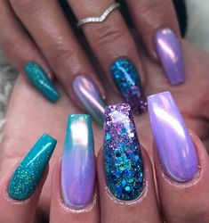 Mermaid Metallic Nails, Mermaid Color Nails, Purple And Turquoise Nails, Purple Mermaid Nails, Purple And Teal Nails, Mermaid Nails Design, Blue Purple Nails, Mermaid Aesthetics, Magic Ocean