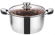 a large stainless steel pot with two handles and a glass lid on the bottom, is shown