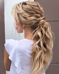 Low Pony Hairstyles Homecoming, Low Pony Fancy Hairstyles, Hoco Updo Hairstyles High Ponytail, Messy Elegant Ponytail, Hair Ideas For Bridesmaids Ponytail, Wedding Updos For Thick Long Hair, Curly Pony Wedding Hair, Bridal Low Ponytail With Braid, Prom Hairstyles For Thinner Hair Up