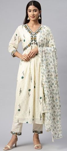 White and Off White color Salwar Kameez in Cotton fabric with Embroidered, Resham, Sequence, Thread work White Anarkali With Printed Motifs, White Kurta With Printed Motifs For Wedding, White Wedding Kurta With Printed Motifs, White Printed Wedding Kurta, Traditional White Churidar With Printed Motifs, Festive White Churidar With Printed Motifs, White Salwar Kameez With Printed Motifs For Wedding, Wedding White Salwar Kameez With Printed Motifs, Casual Salwar Kameez