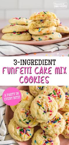 three ingredient funfetti cake mix cookies with sprinkles on pink plates