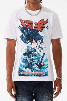 White Anime T-shirt With Sublimation Print, White Anime T-shirt For Cosplay, White Harajuku T-shirt With Front Print, White Harajuku T-shirt With Anime Print, White T-shirt With Sublimation Print For Cosplay, White Sublimation Print T-shirt For Cosplay, White Anime Style T-shirt With Sublimation Print, White Anime Style Top With Sublimation Print, White Anime Top With Sublimation Print