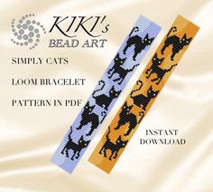 two cross stitch bracelets with cats on them and the words kitty's bead art