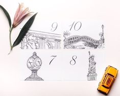 some type of postcard with numbers on it next to a flower and a pencil