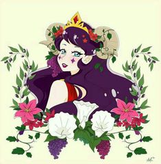 an image of a woman with flowers and vines around her head, wearing a crown