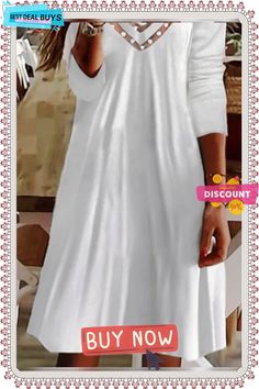 Casual V Neck Loose Long Sleeve Dress White Solid Color Dress For Fall, White Shift Dress Solid Color, White Long Sleeve Solid Color Midi Dress, White Long Sleeve Shift Midi Dress, White Long Sleeve Plain Dress, Plain Long-sleeve Shift Dress, Loose Long Sleeve Dress, Loose Long Sleeve, Sleeve Dress