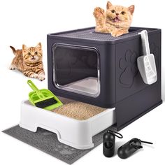 two cats sitting on top of a cat litter box